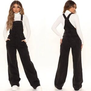 Fashion Nova Keep It Loose Wide Leg Denim Overalls Black